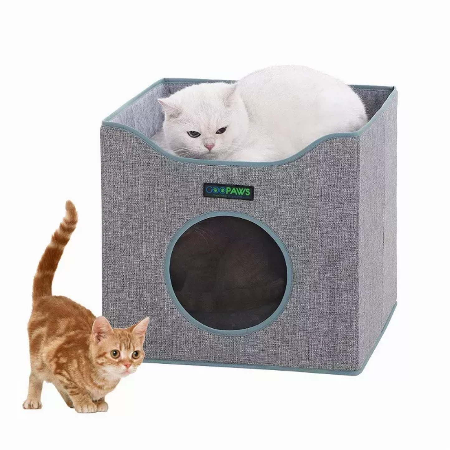 JESPET Foldable Cat Condo, Cat Cube House & Sleepping Bed with Lying Surface and 2 Reversible Cushions, Cat Hiding Place, Cat Cave, Linenette Fabric, Felt and Engineered Wood.