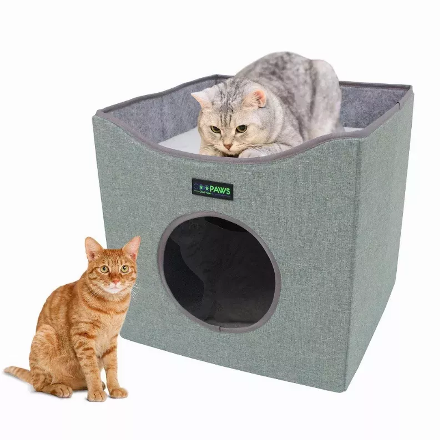 JESPET Foldable Cat Condo, Cat Cube House & Sleepping Bed with Lying Surface and 2 Reversible Cushions, Cat Hiding Place, Cat Cave, Linenette Fabric, Felt and Engineered Wood.