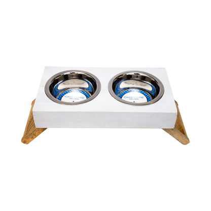 Country Living Elevated Wood Dog Feeder with 2 Stainless Steel Bowls – Solid Mango Wood with Distressed White Polished Finish, Foldable Legs