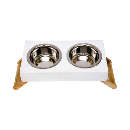 Country Living Elevated Wood Dog Feeder with 2 Stainless Steel Bowls – Solid Mango Wood with Distressed White Polished Finish, Foldable Legs