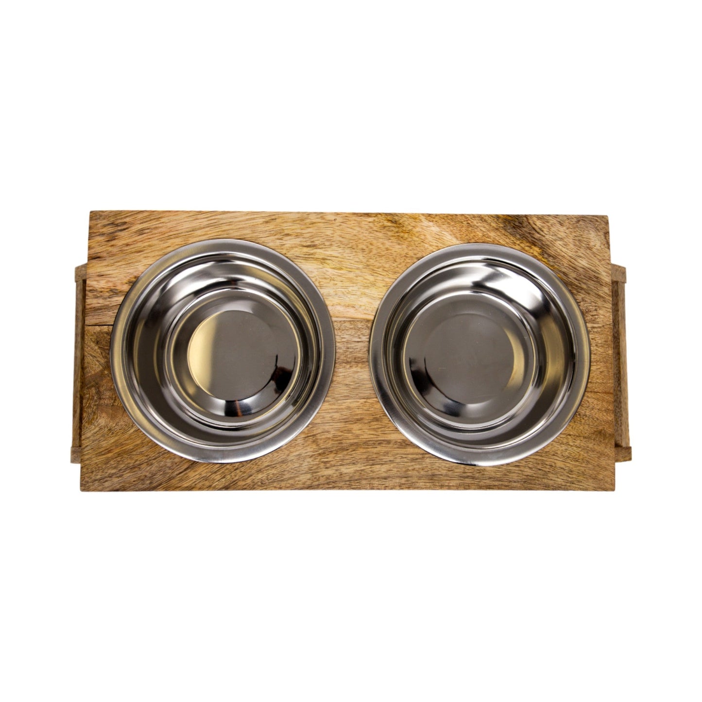 Country Living Elevated Wood Dog Feeder with 2 Stainless Steel Bowls – Solid Mango Wood with Natural Polished Finish, Foldable Legs