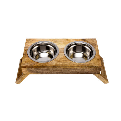 Country Living Elevated Wood Dog Feeder with 2 Stainless Steel Bowls – Solid Mango Wood with Natural Polished Finish, Foldable Legs