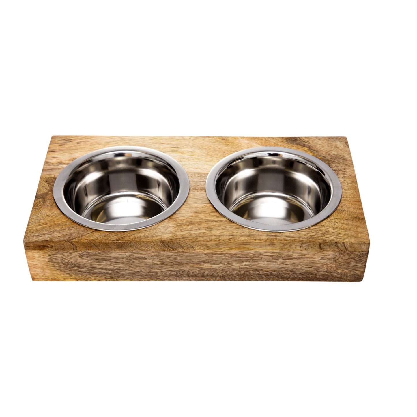 Country Living Elevated Wood Dog Feeder with 2 Stainless Steel Bowls – Solid Mango Wood with Natural Polished Finish, Foldable Legs