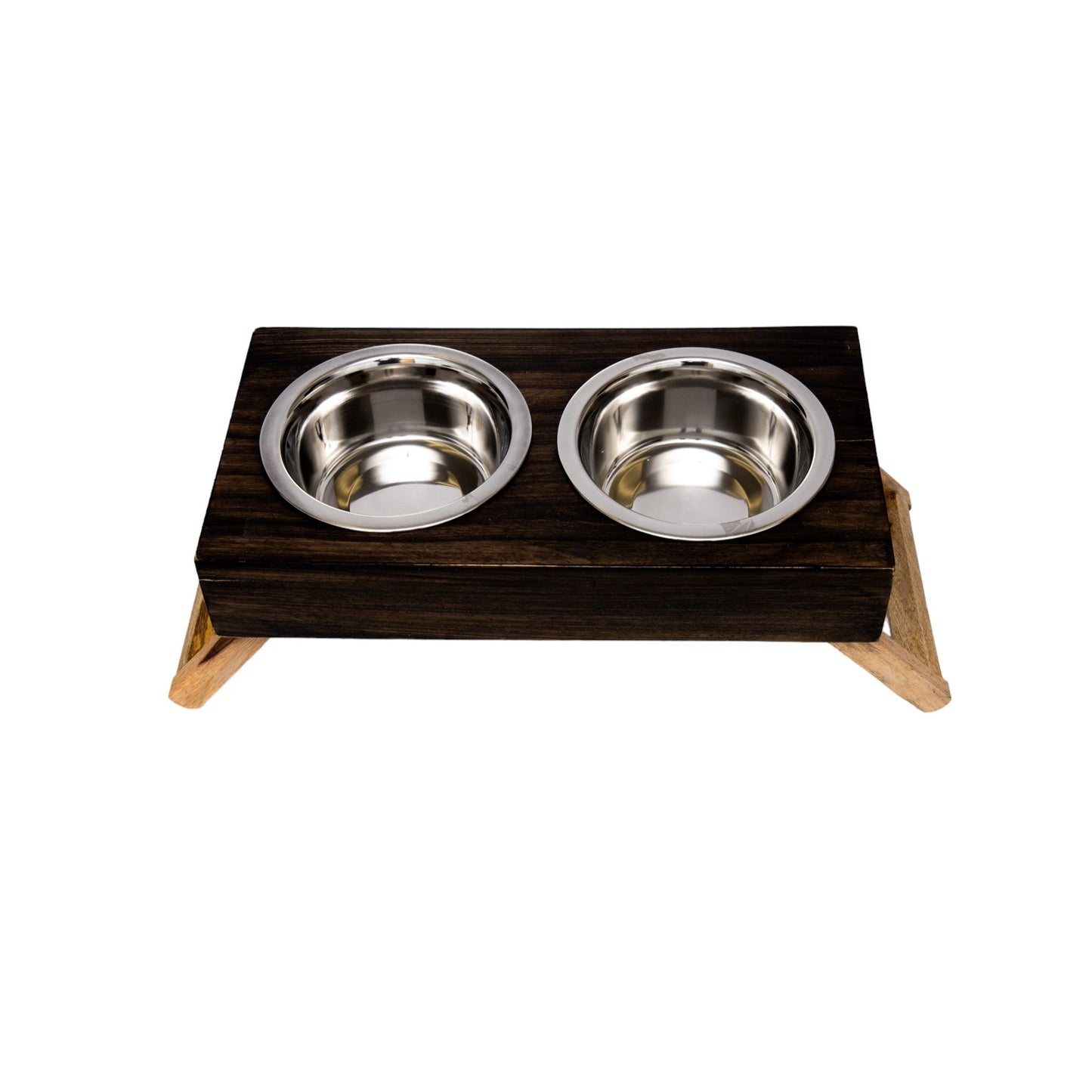 Country Living Elevated Wood Dog Feeder with 2 Stainless Steel Bowls – Solid Mango Wood with Brown Polished Finish, Foldable Legs