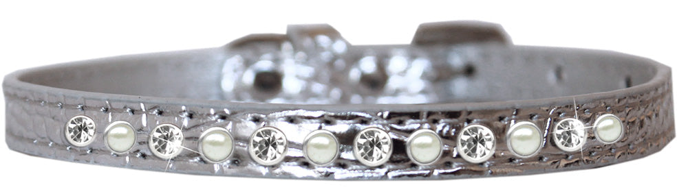 Dog, Puppy and Pet Designer Croc Collar, "One Row Pearl & Clear Crystals Rimsets"