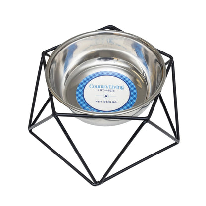 Country Living Elevated Stainless Steel Bowl, Modern Artisan Geometric Design, Single Pet Feeder, Ideal for Medium to Large Dogs