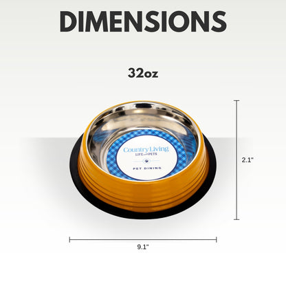 Country Living Set of 2 Ribbed No-Tip Non-Skid Pet Bowls - Durable & Safe for Cats & Dogs - Prevents Spills - Ideal for Small to Medium Pets - Easy to Clean & Maintain – Golden Yellow