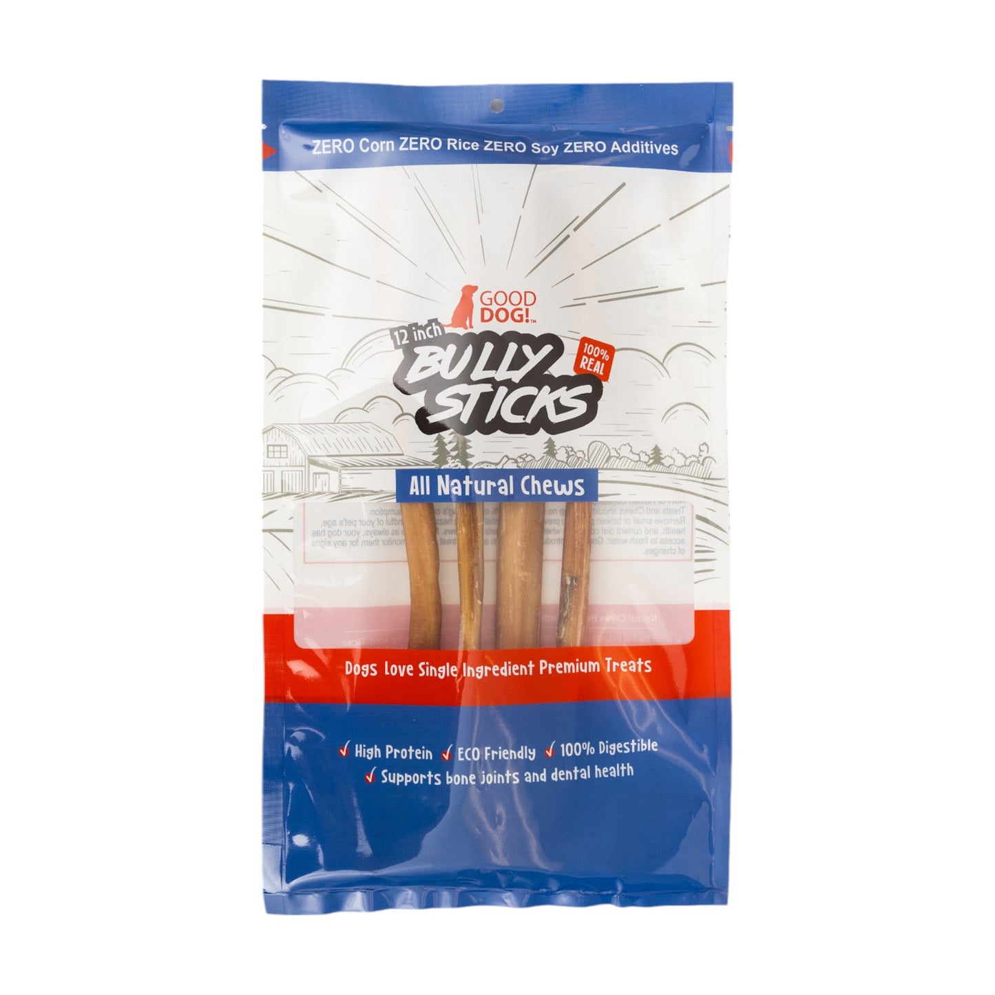 All-Natural Beef Bully Stick Dog Treats – Nutrient-Rich, High-Protein, and Low-Fat Delight for Healthy Dogs – 12" Standard (4-Pack)