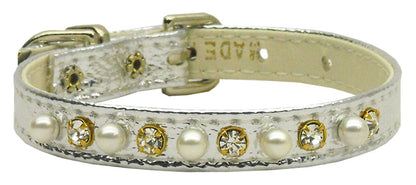 Dog, Puppy and Pet Collar, "3/8" Wide Pearl & Clear Crystals"