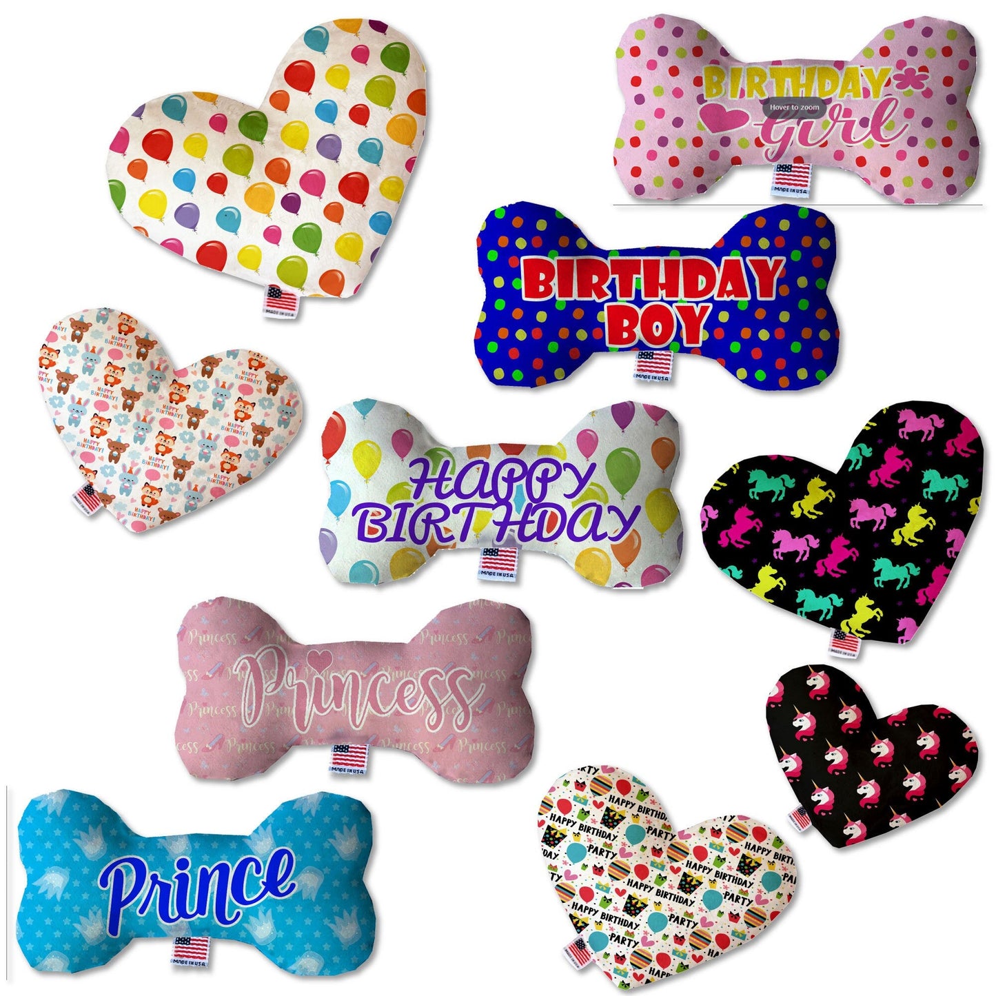 Pet, Dog Plush Heart or Bone Toy, "Birthday Group" (Available in different sizes, and 10 different pattern options!)