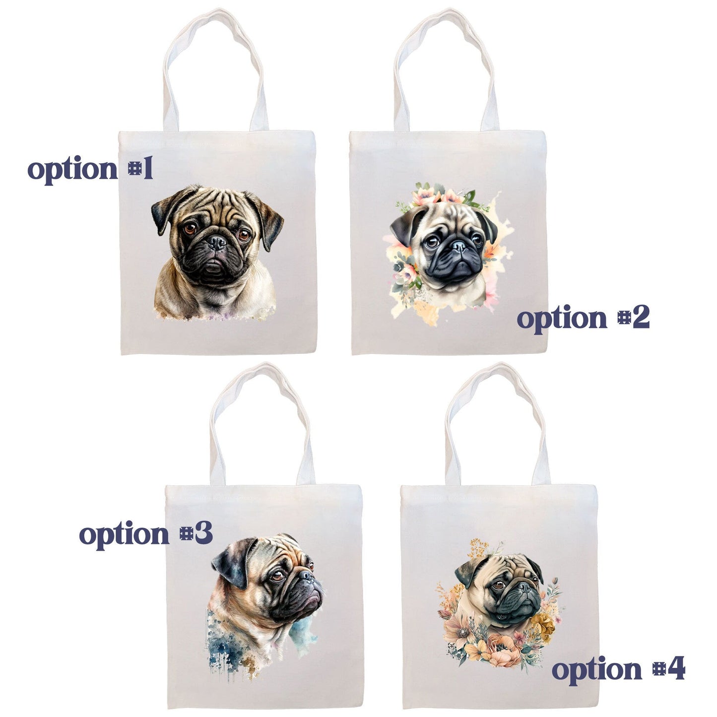 Canvas Tote Bag, Zippered With Handles & Inner Pocket, "Pug"