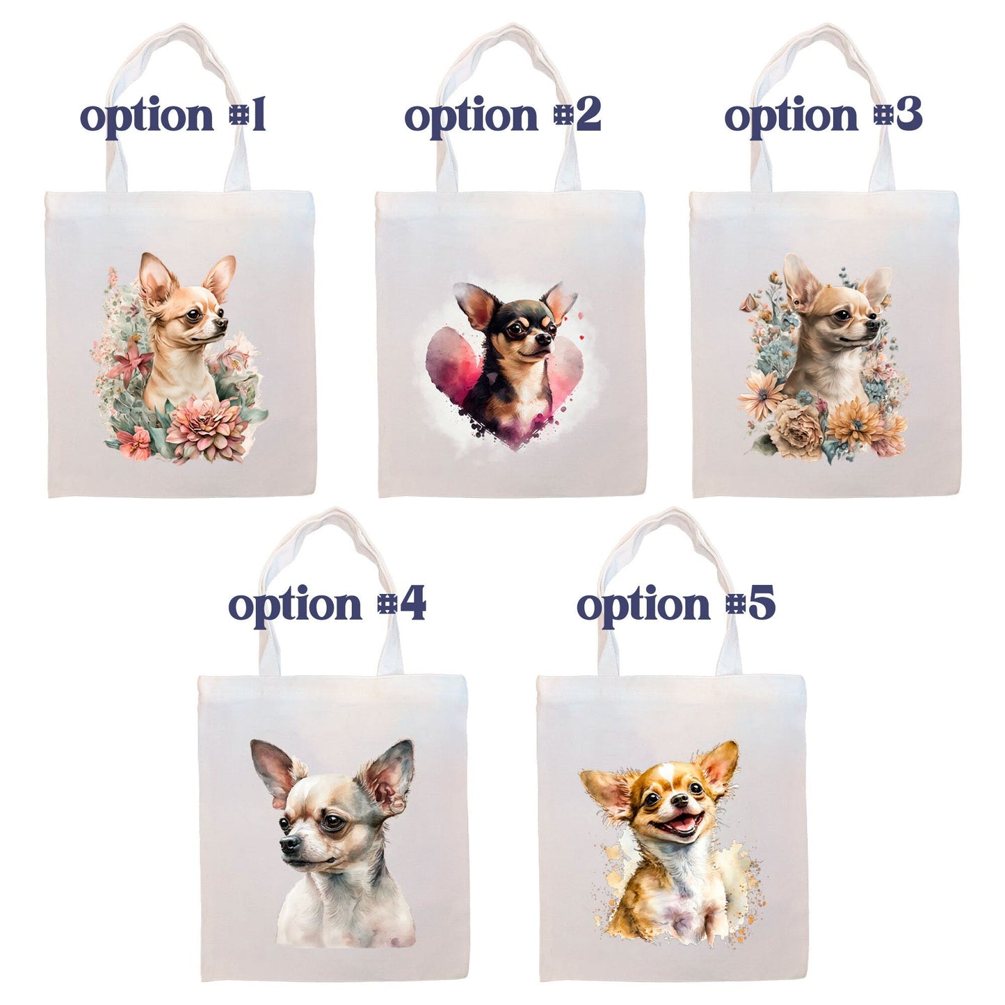 Canvas Tote Bag, Zippered With Handles & Inner Pocket, "Chihuahua"