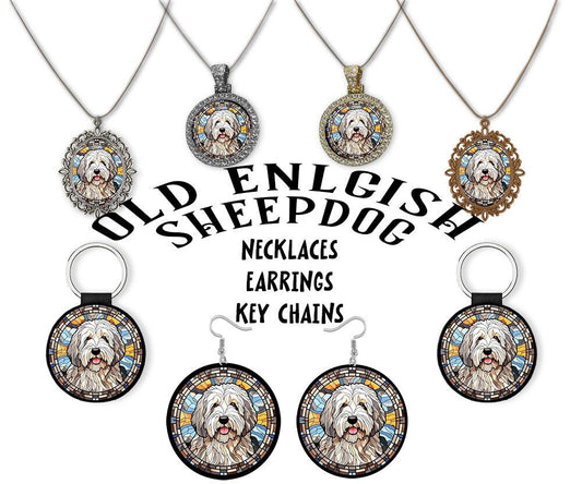 Old English Sheepdog Jewelry - Stained Glass Style Necklaces, Earrings and more!