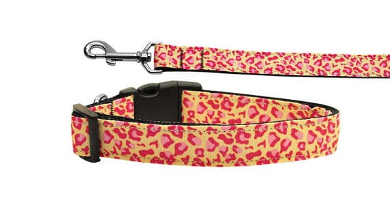 Pet Dog & Cat Nylon Collar or Leash, "Tan and Pink Leopard"