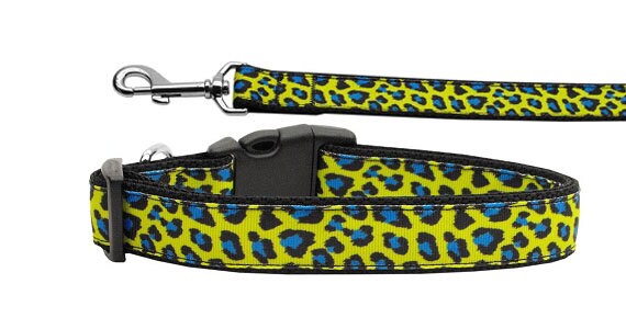 Pet Dog & Cat Nylon Collar or Leash, "Blue and Yellow Leopard Print"