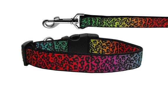 Pet Dog & Cat Nylon Collar or Leash, "Rainbow Leopard"