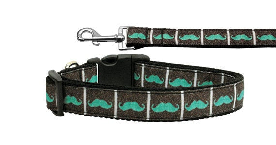 Pet Dog & Cat Nylon Collar or Leash, "Aqua Moustaches"