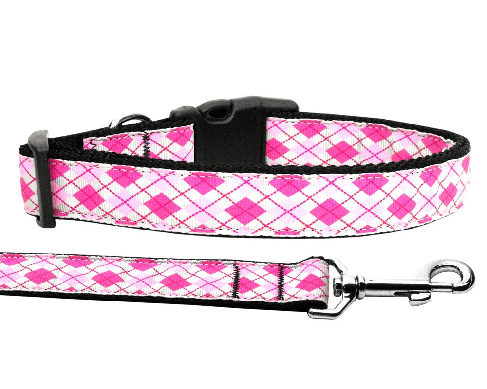 Pet Dog & Cat Nylon Collar or Leash, "Pink Argyle"