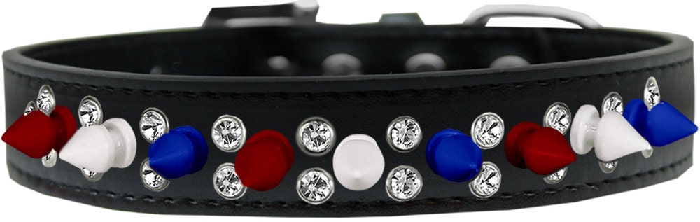 Pet and Dog Spike Collar, "Double Crystal & Red, White and Blue Spikes"