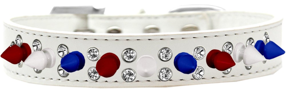 Pet and Dog Spike Collar, "Double Crystal & Red, White and Blue Spikes"