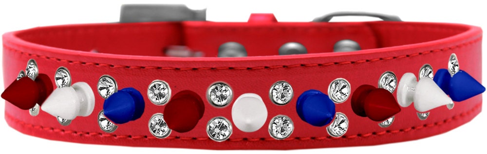 Pet and Dog Spike Collar, "Double Crystal & Red, White and Blue Spikes"